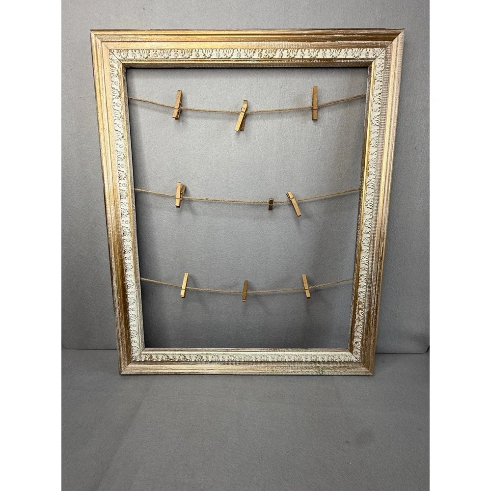 Rustic Ornate Gold White Clothespin Twine Photo Display Frame 18.5x23 Farmhouse